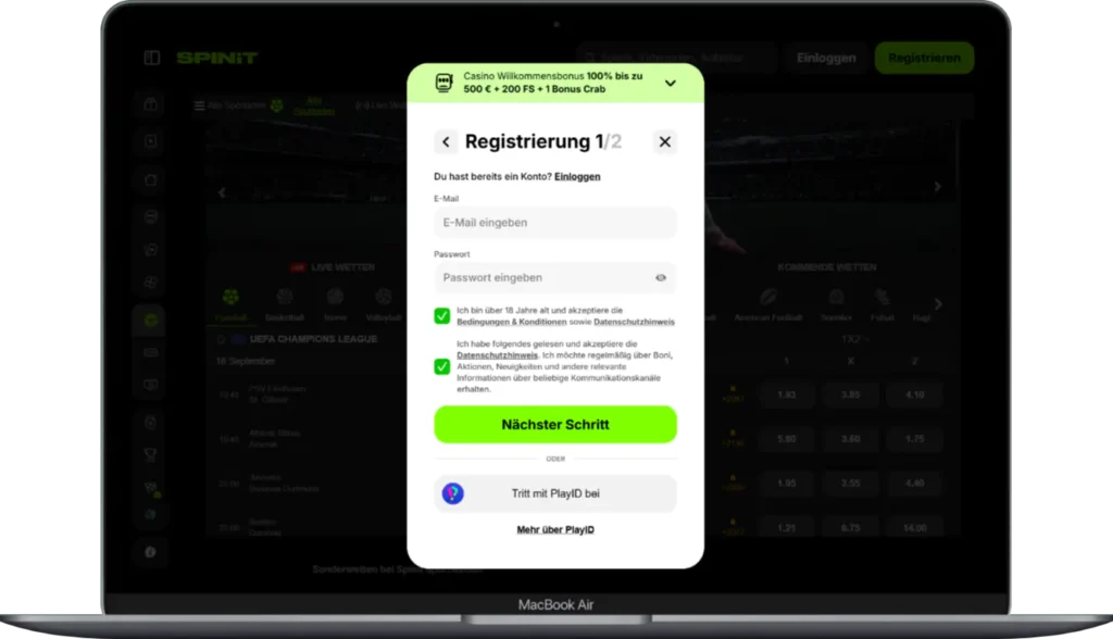 Formular zur Registrierung eines Kontos bei Spinit
