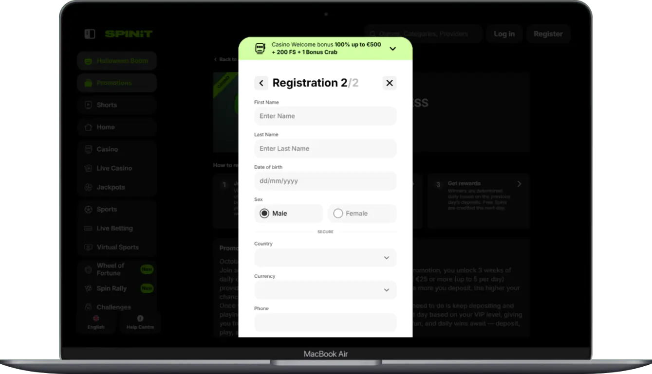 Die zweite Phase der Registrierung im Spinit Casino